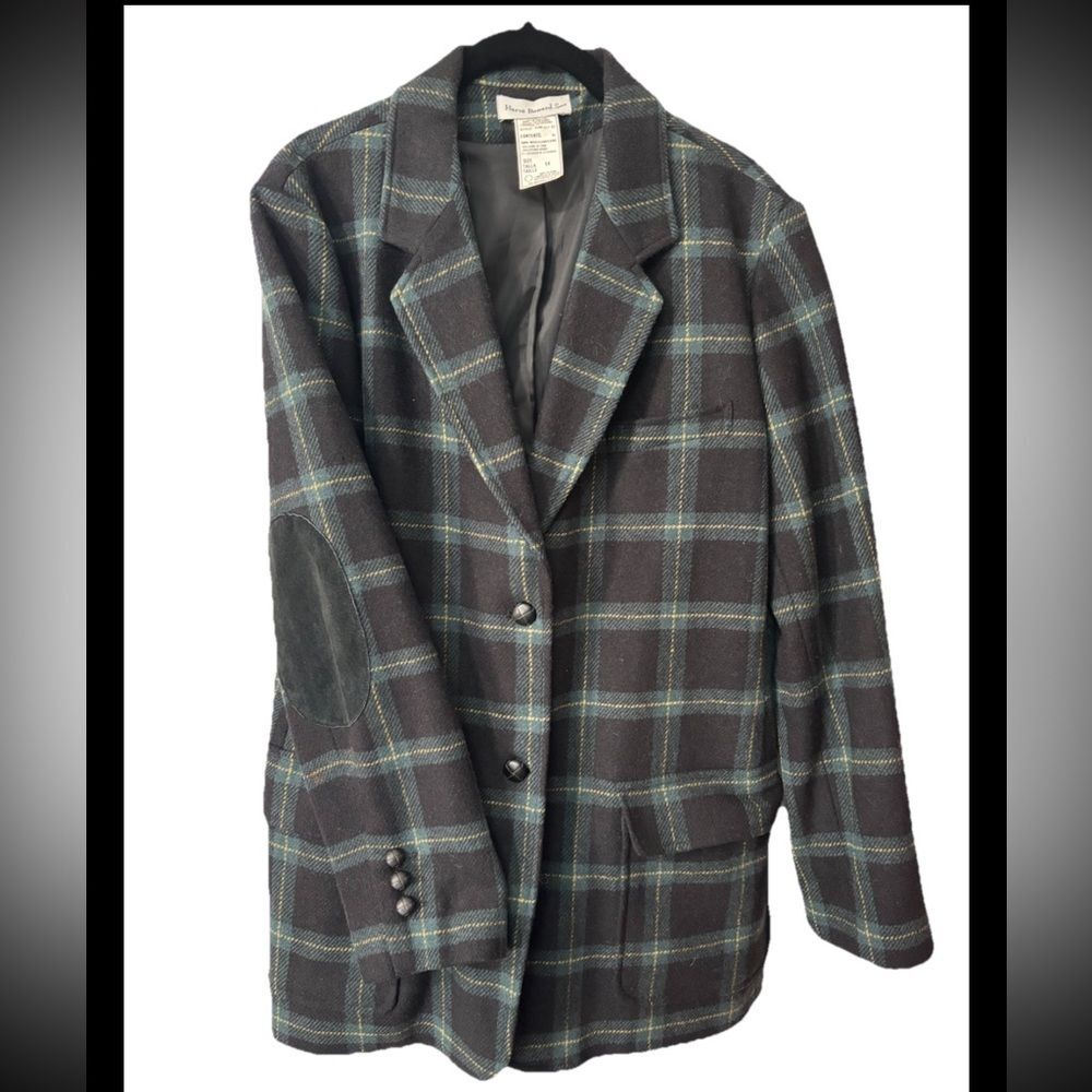Vintage Harve Benard Sport Wool Green Plaid Suede Elbow Pads Blazer Jacket 14